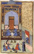 Prince Bahram-i-Gor,dressed in blue,listen to the tale of the Princess of the Blue Pavilion